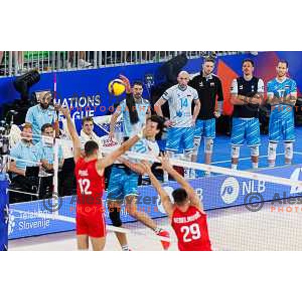 Slovenian Team in action during Men’s Volleyball Nations League match between Slovenia and Serbia in Ljubljana, Slovenia on July 20, 2025. Photo Grega Valancic