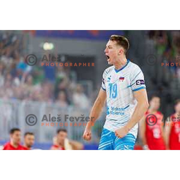 Rok Mozic of Slovenia in action during Men’s Volleyball Nations League match between Slovenia and Serbia in Ljubljana, Slovenia on July 20, 2025. Photo Grega Valancic