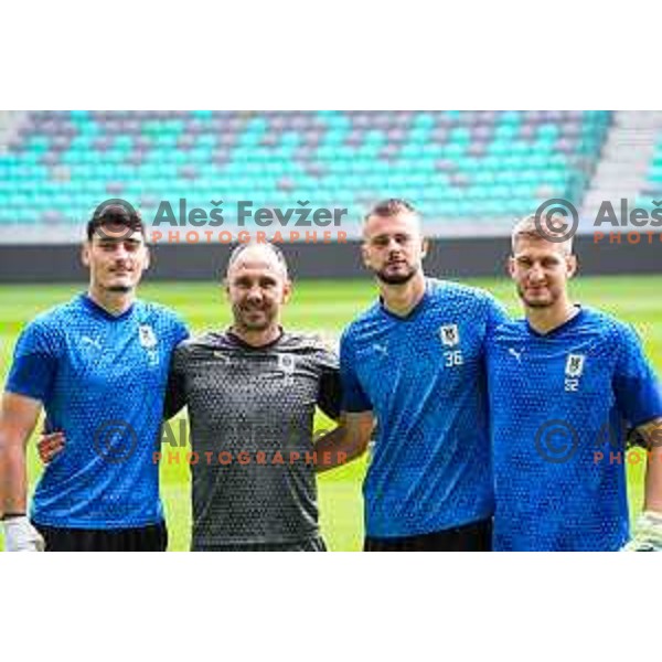 Goalkeepers Tijan Vasic, Gal Lubej Fink and Matevz Dajcar of Olimpija during practice session of NK Olimpija before UEFA Conference League play-off in Ljubljana, Slovenia on July 22, 2025