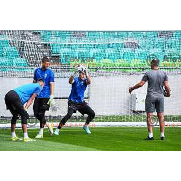 Goalkeepers Tijan Vasic, Gal Lubej Fink and Matevz Dajcar of Olimpija during practice session of NK Olimpija before UEFA Conference League play-off in Ljubljana, Slovenia on July 22, 2025