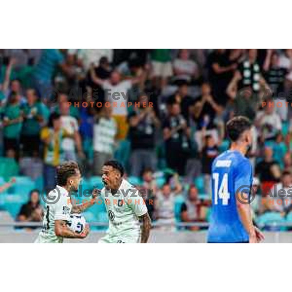 Diogo Costa Pinto of NK Olimpija Ljubljana and Thalisson Charles Alves Moreira of NK Olimpija Ljubljana during UEFA Conference League 2025/2026 second qualifying round match between Olimpija Ljubljana and Inter Escaldes in SRC Stozice, Ljubljana, Slovenia on July 23, 2025. Photo Grega Valancic
