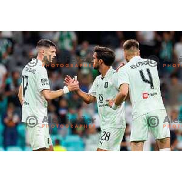 Ahmet Muhamedbegovic of NK Olimpija Ljubljana and Diogo Miguel Guedes De Almeida of NK Olimpija Ljubljana during UEFA Conference League 2025/2026 second qualifying round match between Olimpija Ljubljana and Inter Escaldes in SRC Stozice, Ljubljana, Slovenia on July 23, 2025. Photo Grega Valancic