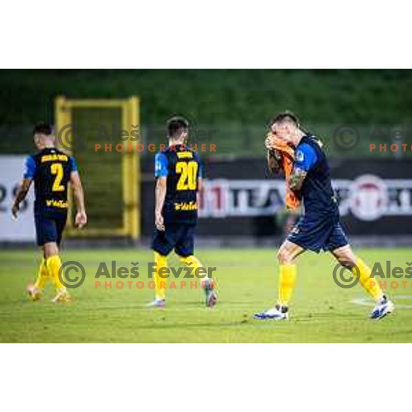 Franko Kovacevic celebrates goal with injured Simon Sluga\'s jersey during UEFA Europa League 2025/26 qualifier football match between NK Celje (SLO) and AEK Larnaca FC (CYP) in Stadion z’dezele, Celje, Slovenia on July 24, 2025. Photo: Jure Banfi