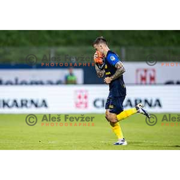 Franko Kovacevic celebrates goal with injured Simon Sluga\'s jersey during UEFA Europa League 2025/26 qualifier football match between NK Celje (SLO) and AEK Larnaca FC (CYP) in Stadion z’dezele, Celje, Slovenia on July 24, 2025. Photo: Jure Banfi