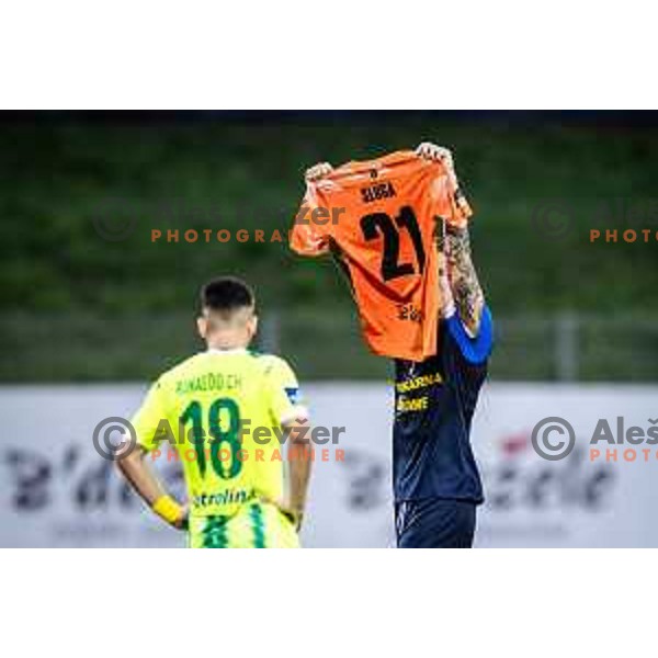 Franko Kovacevic celebrates goal with injured Simon Sluga\'s jersey during UEFA Europa League 2025/26 qualifier football match between NK Celje (SLO) and AEK Larnaca FC (CYP) in Stadion z’dezele, Celje, Slovenia on July 24, 2025. Photo: Jure Banfi