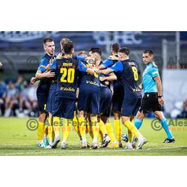 Frnako Kovacevic and other players celebrate goal during UEFA Europa League 2025/26 qualifier football match between NK Celje (SLO) and AEK Larnaca FC (CYP) in Stadion z’dezele, Celje, Slovenia on July 24, 2025. Photo: Jure Banfi