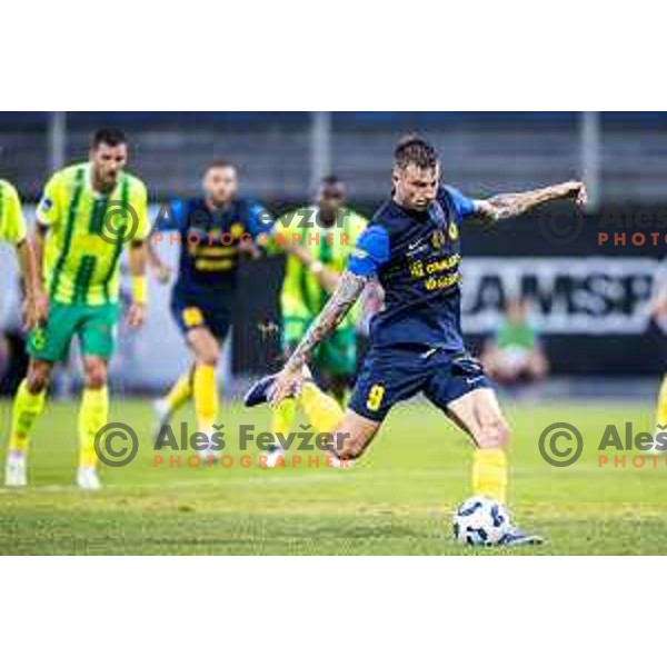 Franko Kovacevic penalty kick during UEFA Europa League 2025/26 qualifier football match between NK Celje (SLO) and AEK Larnaca FC (CYP) in Stadion z’dezele, Celje, Slovenia on July 24, 2025. Photo: Jure Banfi
