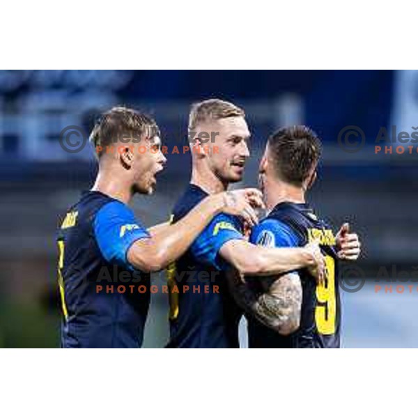 Zan Karnicnik and Franko Kovacevic celebrate goal during UEFA Europa League 2025/26 qualifier football match between NK Celje (SLO) and AEK Larnaca FC (CYP) in Stadion z’dezele, Celje, Slovenia on July 24, 2025. Photo: Jure Banfi