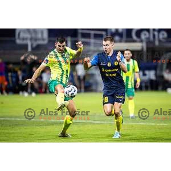 Hrvoje Milicevic vs Mark Zabukovnik in action during UEFA Europa League 2025/26 qualifier football match between NK Celje (SLO) and AEK Larnaca FC (CYP) in Stadion z’dezele, Celje, Slovenia on July 24, 2025. Photo: Jure Banfi