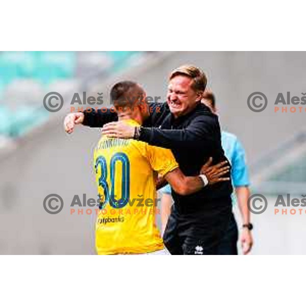 Jakoslav Stankovic and Ales Arnol, head coach of Bravo celebrate a goal during Prva liga Telemach 2025/2026 football match between Bravo and Mura in Ljubljana, Slovenia on July 26, 2025