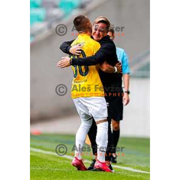 Jakoslav Stankovic and Ales Arnol, head coach of Bravo celebrate a goal during Prva liga Telemach 2025/2026 football match between Bravo and Mura in Ljubljana, Slovenia on July 26, 2025