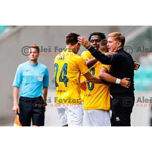 Jakoslav Stankovic and Ales Arnol, head coach of Bravo celebrate a goal during Prva liga Telemach 2025/2026 football match between Bravo and Mura in Ljubljana, Slovenia on July 26, 2025