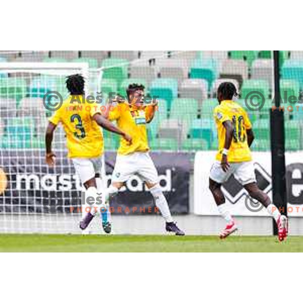 Aldin Jakupovic and players of of Bravo celebrate a goal during Prva liga Telemach 2025/2026 football match between Bravo and Mura in Ljubljana, Slovenia on July 26, 2025