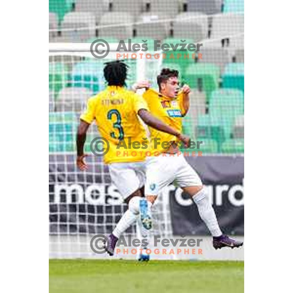 Aldin Jakupovic and players of of Bravo celebrate a goal during Prva liga Telemach 2025/2026 football match between Bravo and Mura in Ljubljana, Slovenia on July 26, 2025