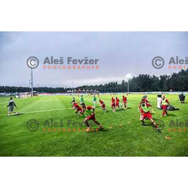 Team Aluminij warm up before Prva liga Telemach football match between NK Aluminij and NK Olimpija in Sportni park Aluminij, Kidricevo, Slovenia on July 26, 2025. Photo: Jure Banfi