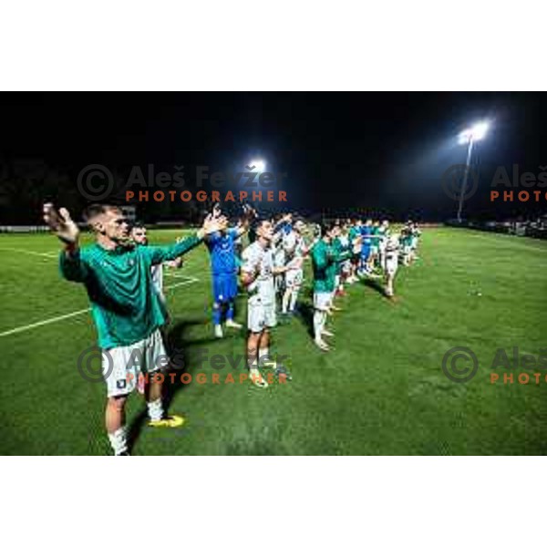 Team Olimpija celebrates victory after Prva liga Telemach football match between NK Aluminij and NK Olimpija in Sportni park Aluminij, Kidricevo, Slovenia on July 26, 2025. Photo: Jure Banfi