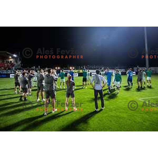 Team Olimpija celebrates victory with Green Dragons after Prva liga Telemach football match between NK Aluminij and NK Olimpija in Sportni park Aluminij, Kidricevo, Slovenia on July 26, 2025. Photo: Jure Banfi