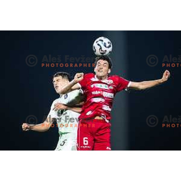 Mateo Acimovic vs Omar Kocar in action during Prva liga Telemach football match between NK Aluminij and NK Olimpija in Sportni park Aluminij, Kidricevo, Slovenia on July 26, 2025. Photo: Jure Banfi