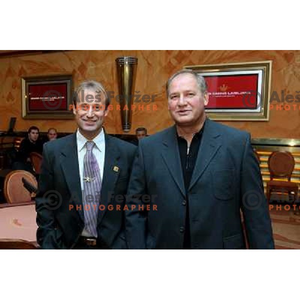 Ernest Aljancic talks to players from Russian ice-hockey team Gazprom Export in Casino Ljubljana, Slovenia 23.10.2008 