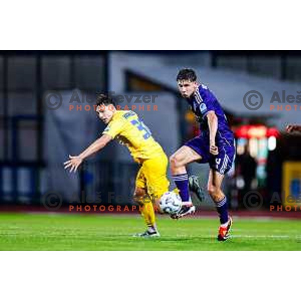 Nejc Viher in action during Prva liga Telemach 2025/2026 football match between Dozmale and Maribor in Domzale, Slovenia on July 27, 2025