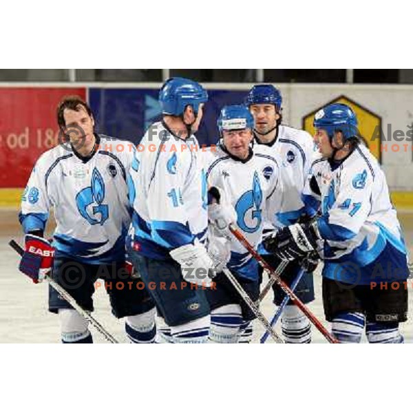Gazprom players celebrate goal at friendly ice-hockey game Slovenia Oldies - Gazprom Export (Russia), played in Hala Tivoli, Ljubljana, Slovenia 24.10.2008. Gazprom Export won 6:3 