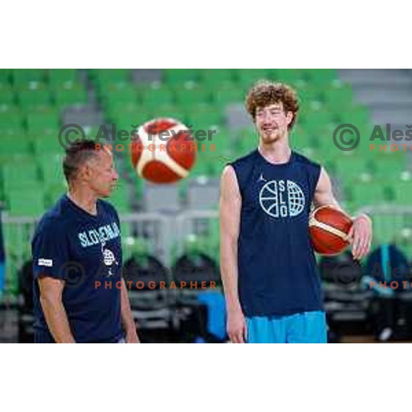 Luka Bassin and Ziga Danue during practice session of Slovenia Men’s Basketball team in Arena Stozice, Ljubljana, Slovenia on July 28, 2025