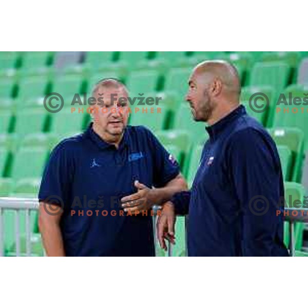 Matej Erjavec and Marko Milic during practice session of Slovenia Men’s Basketball team in Arena Stozice, Ljubljana, Slovenia on July 28, 2025