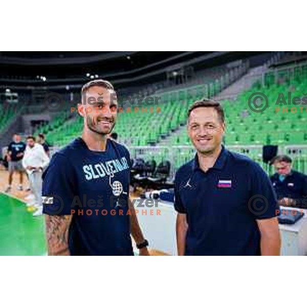 Fizio Anze Macek and Aleksander Sekulic, head coach of Slovenia during practice session of Slovenia Men’s Basketball team in Arena Stozice, Ljubljana, Slovenia on July 28, 2025