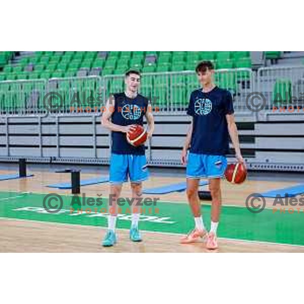 Zak Smrekar and Vit Hrabar during practice session of Slovenia Men’s Basketball team in Arena Stozice, Ljubljana, Slovenia on July 28, 2025
