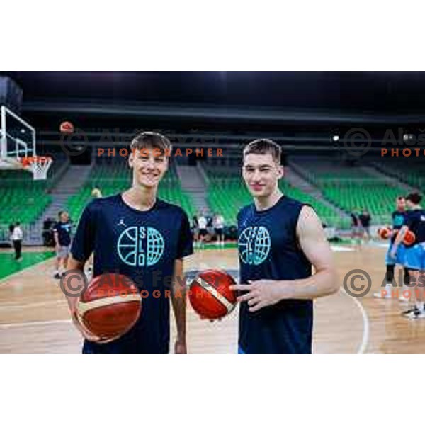 Vit Hrabar and Zak Smrekar during practice session of Slovenia Men’s Basketball team in Arena Stozice, Ljubljana, Slovenia on July 28, 2025