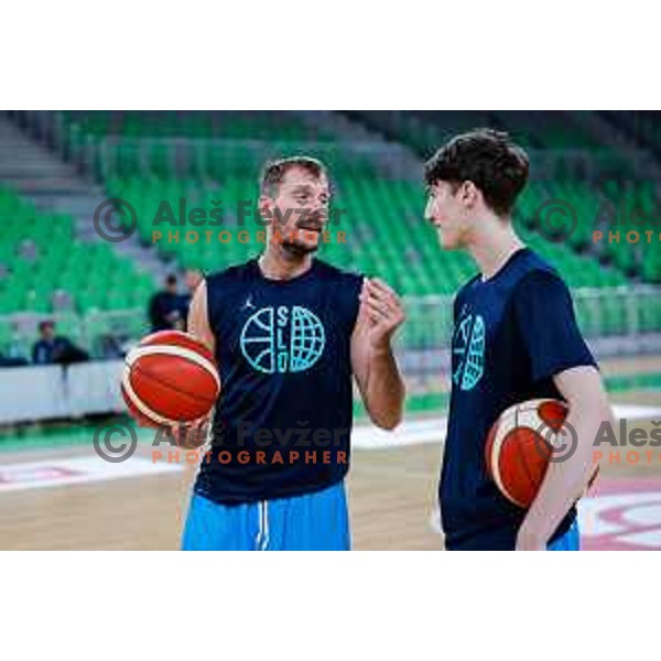 Zoran Dragic and Mark Padjen during practice session of Slovenia Men’s Basketball team in Arena Stozice, Ljubljana, Slovenia on July 28, 2025