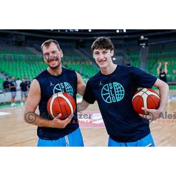 Zoran Dragic and Mark Padjen during practice session of Slovenia Men’s Basketball team in Arena Stozice, Ljubljana, Slovenia on July 28, 2025