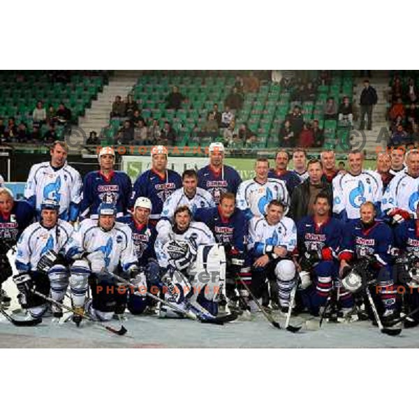 Both teams at friendly ice-hockey game Slovenia Oldies - Gazprom Export (Russia), played in Hala Tivoli, Ljubljana, Slovenia 24.10.2008. Gazprom Export won 6:3 