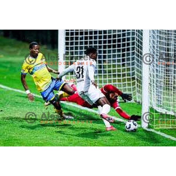 Ahmed Sidibe, Metod Jurhar and Ishaq Rafiu in action during Prva liga Telemach 2025/2026 football match between Koper and Primorje at Bonifika Stadium in Koper, Slovenia on July 28, 2025
