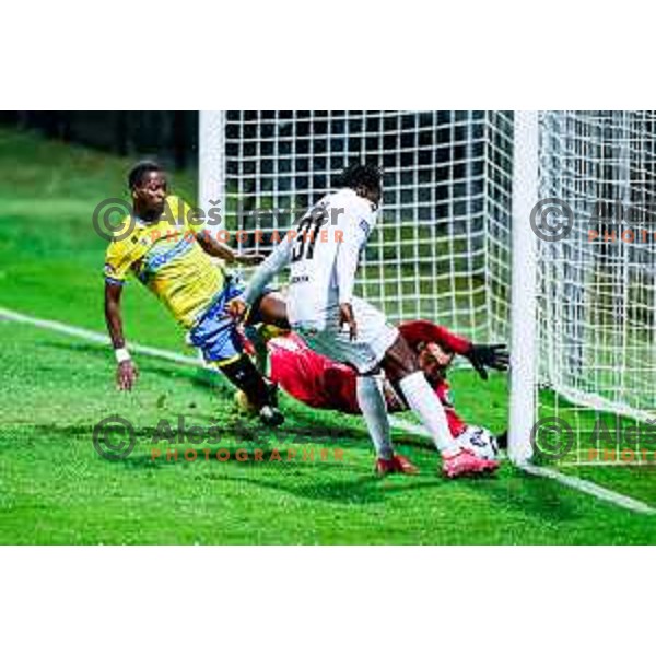 Ahmed Sidibe, Metod Jurhar and Ishaq Rafiu in action during Prva liga Telemach 2025/2026 football match between Koper and Primorje at Bonifika Stadium in Koper, Slovenia on July 28, 2025