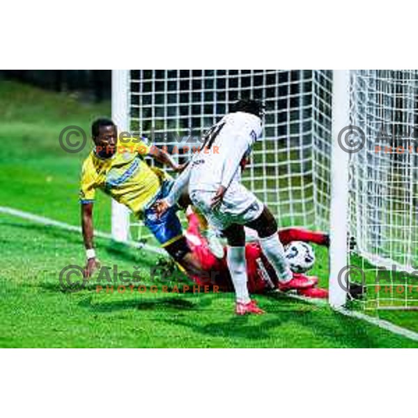 Ahmed Sidibe, Metod Jurhar and Ishaq Rafiu in action during Prva liga Telemach 2025/2026 football match between Koper and Primorje at Bonifika Stadium in Koper, Slovenia on July 28, 2025