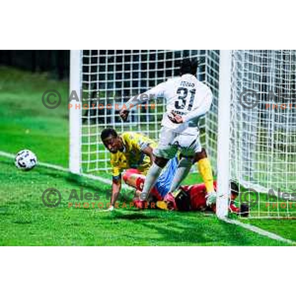 Ahmed Sidibe, Metod Jurhar and Ishaq Rafiu in action during Prva liga Telemach 2025/2026 football match between Koper and Primorje at Bonifika Stadium in Koper, Slovenia on July 28, 2025
