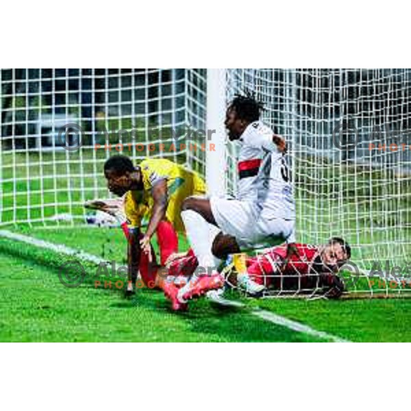 Ahmed Sidibe, Metod Jurhar and Ishaq Rafiu in action during Prva liga Telemach 2025/2026 football match between Koper and Primorje at Bonifika Stadium in Koper, Slovenia on July 28, 2025
