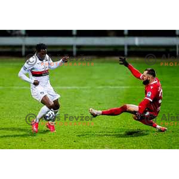 Ishaq Rafiu and Metod Jurhar in action during Prva liga Telemach 2025/2026 football match between Koper and Primorje at Bonifika Stadium in Koper, Slovenia on July 28, 2025