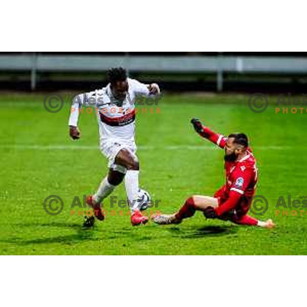 Ishaq Rafiu and Metod Jurhar in action during Prva liga Telemach 2025/2026 football match between Koper and Primorje at Bonifika Stadium in Koper, Slovenia on July 28, 2025