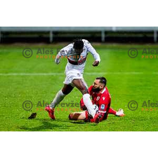 Ishaq Rafiu and Metod Jurhar in action during Prva liga Telemach 2025/2026 football match between Koper and Primorje at Bonifika Stadium in Koper, Slovenia on July 28, 2025