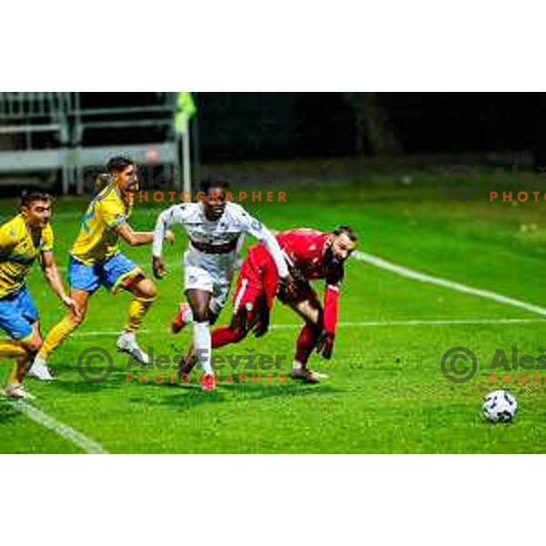 Ishaq Rafiu and Metod Jurhar in action during Prva liga Telemach 2025/2026 football match between Koper and Primorje at Bonifika Stadium in Koper, Slovenia on July 28, 2025