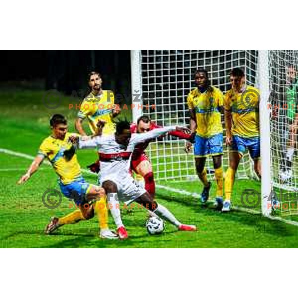 Ishaq Rafiu and Metod Jurhar in action during Prva liga Telemach 2025/2026 football match between Koper and Primorje at Bonifika Stadium in Koper, Slovenia on July 28, 2025