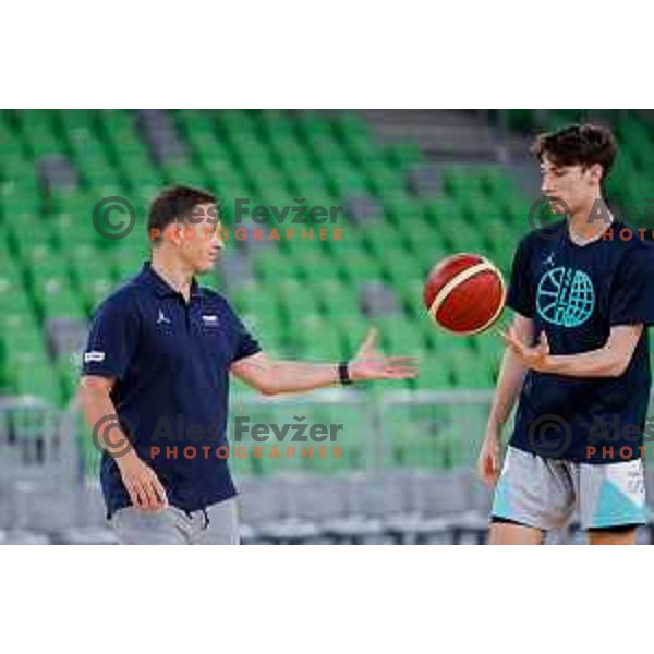 Aleksander Sekulic and Mark Padjen during practice session of Slovenia Men’s Basketball team in Arena Stozice, Ljubljana, Slovenia on July 31, 2025