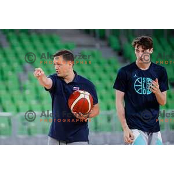 Aleksander Sekulic and Mark Padjen during practice session of Slovenia Men’s Basketball team in Arena Stozice, Ljubljana, Slovenia on July 31, 2025