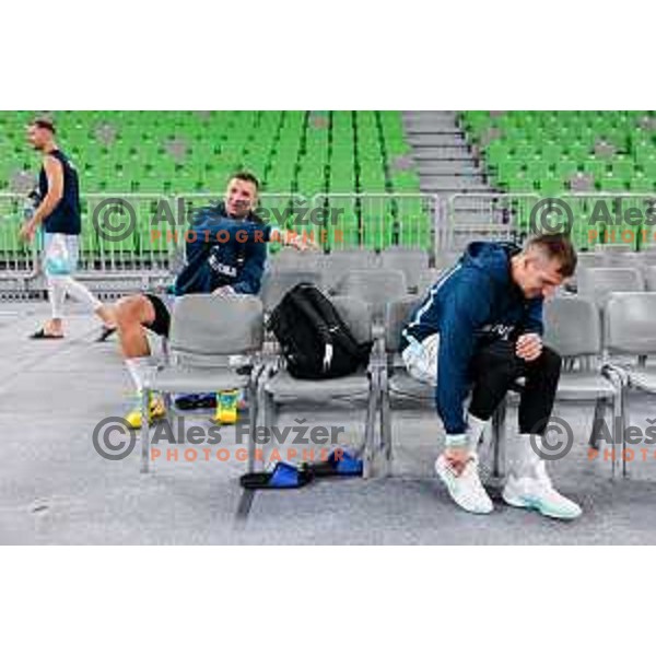 Alen Omic and Gregor Hrovat during practice session of Slovenia Men’s Basketball team in Arena Stozice, Ljubljana, Slovenia on July 31, 2025