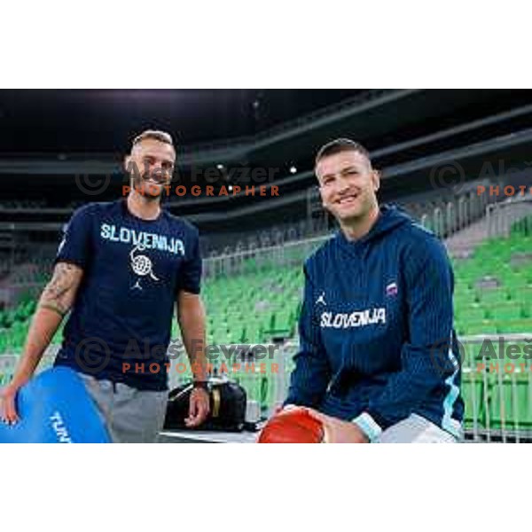 Anze Macek and Alen Omic during practice session of Slovenia Men’s Basketball team in Arena Stozice, Ljubljana, Slovenia on July 31, 2025