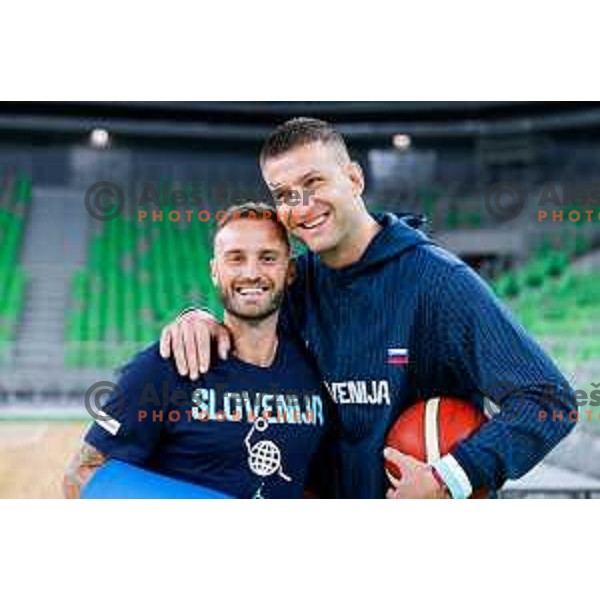 Anze Macek and Alen Omic during practice session of Slovenia Men’s Basketball team in Arena Stozice, Ljubljana, Slovenia on July 31, 2025