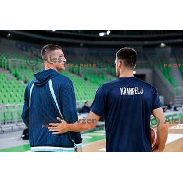 Alen Omic and Martin Krampelj during practice session of Slovenia Men’s Basketball team in Arena Stozice, Ljubljana, Slovenia on July 31, 2025