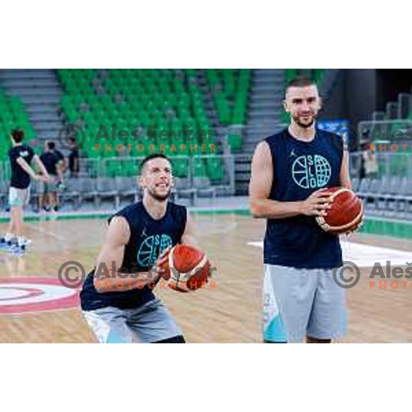 Aleksej Nikolic and Rok Radovic during practice session of Slovenia Men’s Basketball team in Arena Stozice, Ljubljana, Slovenia on July 31, 2025